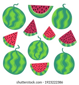 Watermelon summer set stock vector illustration. Whole and sliced fruits isolated on white. Funny cartoon striped colorful watermelons. Summer juicy delicious berries square set. One of a series