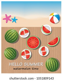 watermelon summer time on the beach with star fish and ball