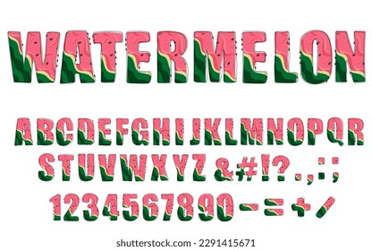 Watermelon summer trendy alphabet. Hand drawn doodle font with watermelon pattern. Modern Uppercase letters, numbers and punctuation marks. For poster, banner, T shirt design. Vector illustration