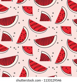 Watermelon summre fruit concept. Fern botanical scandinavian pattern. Retro line art tropical print. Geometric trendy vintage sketch food. Healthy fern texture background.