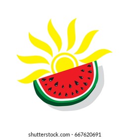 Watermelon and sun icon isolated on white background. Minimalistic style. Concept of Hello Summer. Fruit abstract background, vector illustration