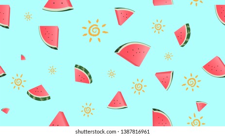 Watermelon with the sun on blue background seamless pattern.