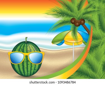 Watermelon with sunglasses concept summer tropical background, vector illustration