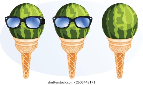 Watermelon with Sunglasses on Ice Cream Cones Set. Funny Summer Graphics 