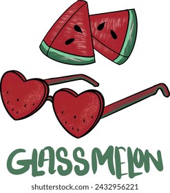 Watermelon with sunglasses vector. One in a melon. Funny food concept. Watermelon sunglasses tropical illustration, typography, t-shirt graphics, vectors. 