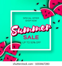 Watermelon Super Summer Sale Banner in paper cut style. Origami juicy ripe watermelon slices. Healthy food on green. Summertime. Square frame for text.
