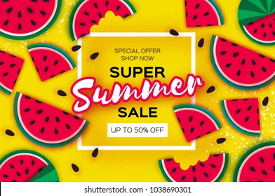 Watermelon Super Summer Sale Banner in paper cut style. Origami juicy ripe watermelon slices. Healthy food on yellow. Square frame for text. Summertime.