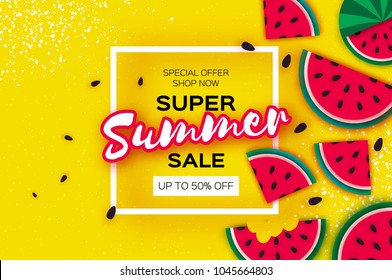 Watermelon Super Summer Sale Banner in paper cut style. Origami juicy ripe watermelon slices. Healthy food on yellow. Square frame for text. Summertime.