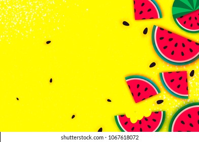 Watermelon Super Summer Sale Banner in paper cut style. Origami juicy ripe watermelon slices. Healthy food on yellow. Square frame for text. Summertime.