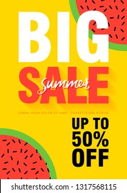 Watermelon Super Summer Sale Banner template. Origami juicy ripe watermelon slices. Healthy food on yellow. Summertime. Vector illustration