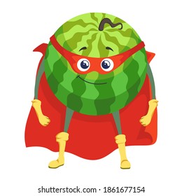 Watermelon superhero in cape amd mask icon isolated on white background. Vector illustration. Super hero fruit cartoon character.