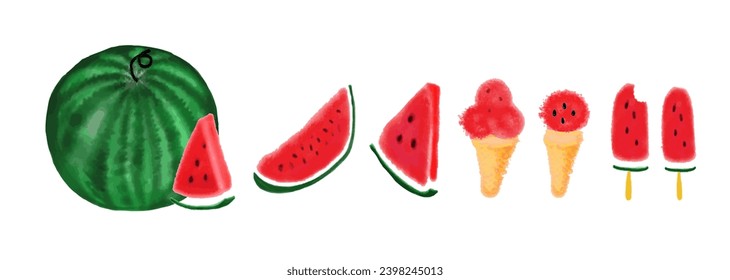 Watermelon sweet fruit summer fruit set watercolor hand drawn vector elements, isolate on white background.