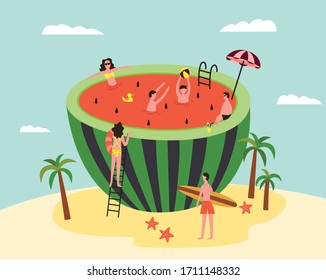 Watermelon swimming pool - cartoon people on tropical summer island having fun pool party inside giant fruit. Flat poster of friend group on beach vacation, flat vector illustration.