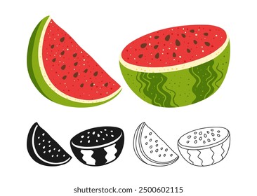 Watermelon symbol cartoon set. Ripe slice and half watermelon linear doodle icon. Abstract childish hand drawn juicy fruit. Sign graphic stylized watermelon shape. Vector simple trendy illustration