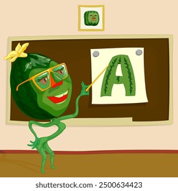 Watermelon teacher with glasses pointing at picture with letter A. Vector illustration of cartoon character watermelon teacher with glasses pointing at picture attached to school board with pointer