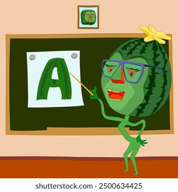 Watermelon teacher with glasses pointing at picture with letter A. Vector illustration of cartoon character watermelon teacher with glasses pointing at picture attached to school board with pointer