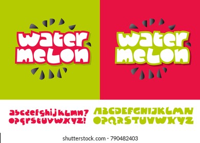 Watermelon text for print and web on red and green colors. Alphabet set in cute kid style. Extra fat letters for funny lettering.