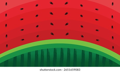 Watermelon texture background featuring pulp, black seeds, and a green striped rind pattern