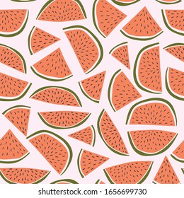 Watermelon texture. Exotic fruit pattern in hand-drawn style. Vector repeat background for colorful summer fabric. 