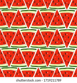 Watermelon texture. Food product design, seamless pattern with watermelon slices. Cute background for surfaces releated to food industry. Vector elements on white background.
