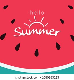 Textura de la sandía para el fondo tropical de la fruta. pedazo de la mitad de la rebanada de la sandía con la palabra Hola verano. sandía fresca para la ilustración del icono del logotipo del Vector del verano 
