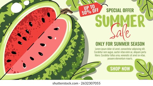 Watermelon Themed Sale Banner, Flat Style Horizontal Layout with Fresh Fruit Slices. Ideal for Seasonal Promotion, Food Discount, Online Ad. Versatile for Social Media, E-commerce, Digital Marketing