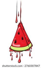 Watermelon triangle slice with juice drops. For summer and juice branding, beverage design or dessert concept. Simple vector color illustration with outline in hand drawn style isolated on white