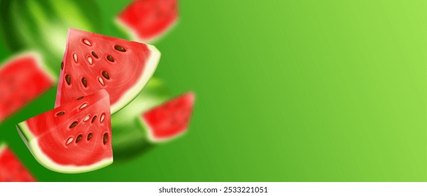 Watermelon triangle slice with seeds flying and falling on green background with space for text. Realistic 3d vector banner with ripe red berry cut piece for juice and summer cocktail design.