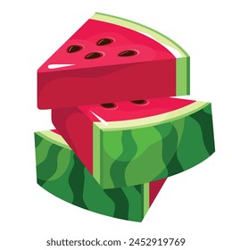 Watermelon triangle slice stack cartoon summer sweet fruit berry isometric vector illustration. Refreshment juicy delicious dessert tropical red edible plant with seeds and green peel piece heap