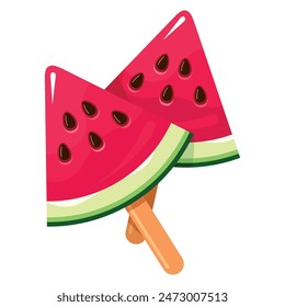 Watermelon triangle slice two ice cream popsicle on stick summer cold dessert vector flat illustration. Refreshment freeze fruit sweet lollipop snack tasty fresh delicious food frozen sundae