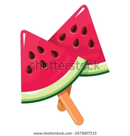 Watermelon triangle slice two ice cream popsicle on stick summer cold dessert vector flat illustration. Refreshment freeze fruit sweet lollipop snack tasty fresh delicious food frozen sundae