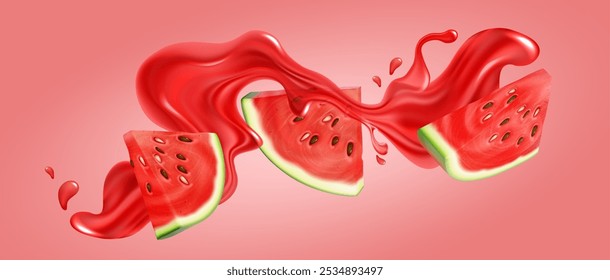 Rebanadas de triángulo de sandía con semillas volando con salpicaduras de jugo rojo. Ilustración vectorial realista en 3D de piezas maduras cortadas de bayas en la oleada de bebidas de smoothie de verano sobre fondo rosa. Anuncio de bebidas de frutas.