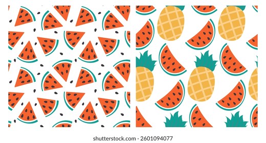 Watermelon Triangular slices Whole Pineapple with leaves Seamless Pattern Tropical Background Set 2