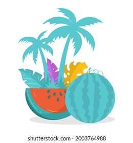 Watermelon with tropical leaves, flower  and coconut trees, Simple flat design Summer badges 