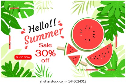 Watermelon with tropical leaves. Summer sale banner template. Flat design vector illustration.