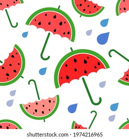 Watermelon umbrella in the rain on a white background. Flat design. Seamless pattern. Cartoon. Vector illustration for web design or print. 
