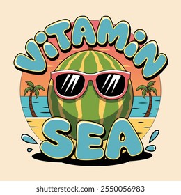 uma melancia usando óculos de sol com tema de verão vibes ilustração vetor, vitamina mar. Um design de impressão de arte vetorial vibrante e atraente para t shirt e outros