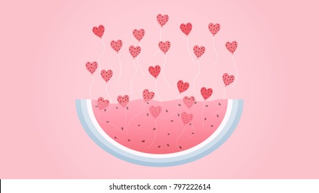 Watermelon for Valentine's Day. Heart balloons floating up from watermelon slices. vector, illustration.