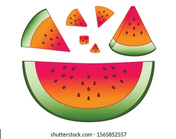 Watermelon. A variety of slices of watermelon. Set of slices of watermelon of different sizes, peeled and not peeled - vector full color picture. white isolate