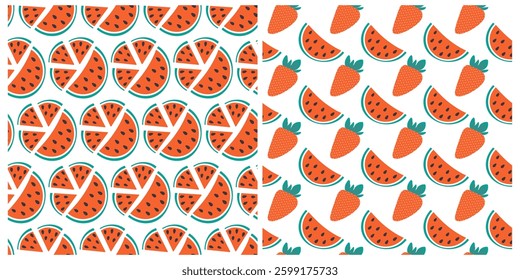 Watermelon various slices with seed Whole Strawberry with leaves Seamless Patterns Background Set 2