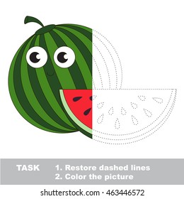 Watermelon in vector to be traced. Restore dashed line and color the picture. Visual game for children. Easy educational kid gaming. Simple level of difficulty. Worksheet for kids education.