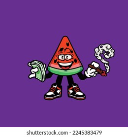 watermelon vector character cartoon mascot smoking blunt from weed flower bud nug cannabis and money