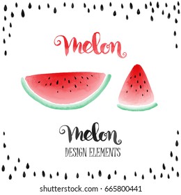 Watermelon vector design elements: melon lettering, watermelon slices and seeds, watercolor styled on white background.