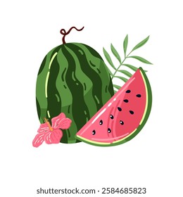Watermelon vector design. Summer vector illustration with watermelon, palm leaf and hibiscus flower