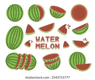 Watermelon vector flat illustration. Whole and cut watermelon.