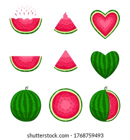 Watermelon. Vector icon set. Pieces, whole, round, in the shape of a heart. Decorative fruits for your design of cards, textiles, t-shirts, banners. Isolated on a white background.