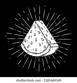 Watermelon. Vector illustration with watermelon and divergent rays. Used for poster, banner, web, t-shirt print, bag print, badges, flyer, logo design and more. 