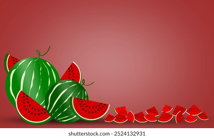 Watermelon vector illustration on fresh red background with space for text. Whole fruit, half and chop. Summer fresh fruit template design. Vitamin nutrition.