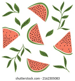 watermelon vector illustration, seamless background pattern with sliced watermelon slices and leaves on white background, flat design. Seamless pattern of watermelons. vector background. flat doodle 