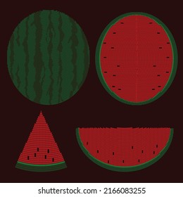 Watermelon vector illustration set in various styles, embroidery patterns, for use in graphic design.